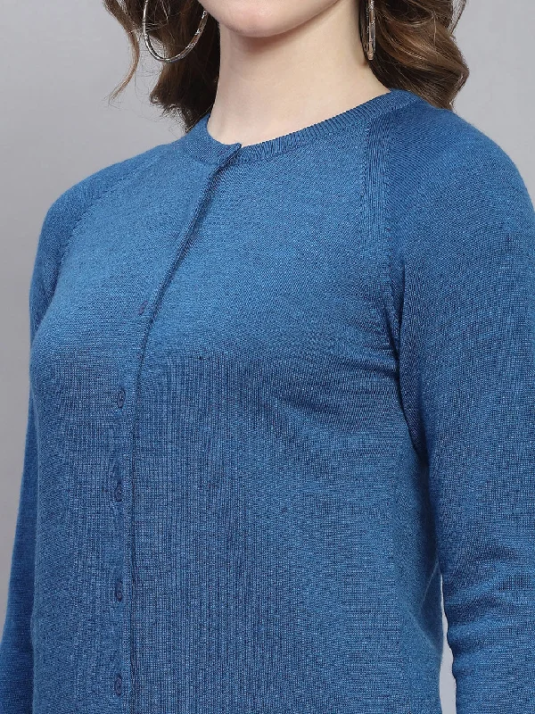 Women Teal Blue Solid Round Neck Full Sleeve Cardigans