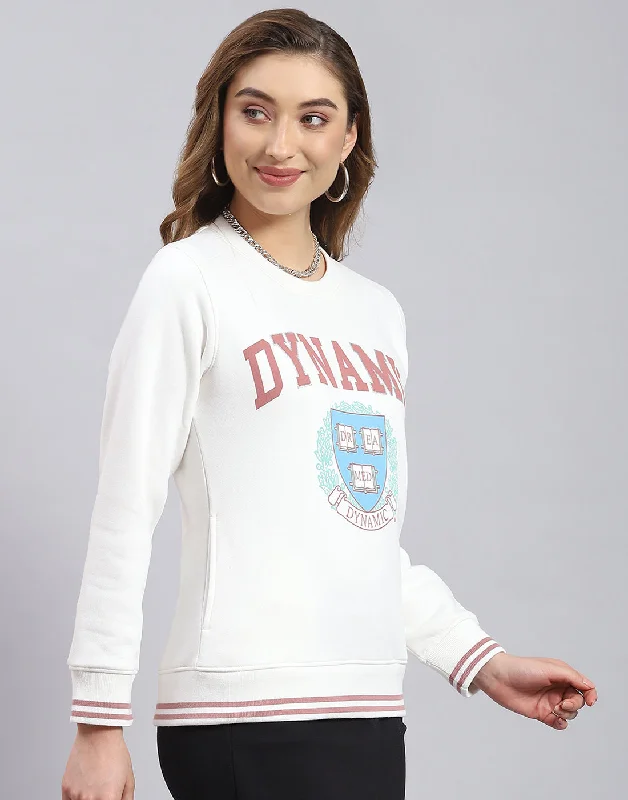 Women White Printed Round Neck Full Sleeve Sweatshirt