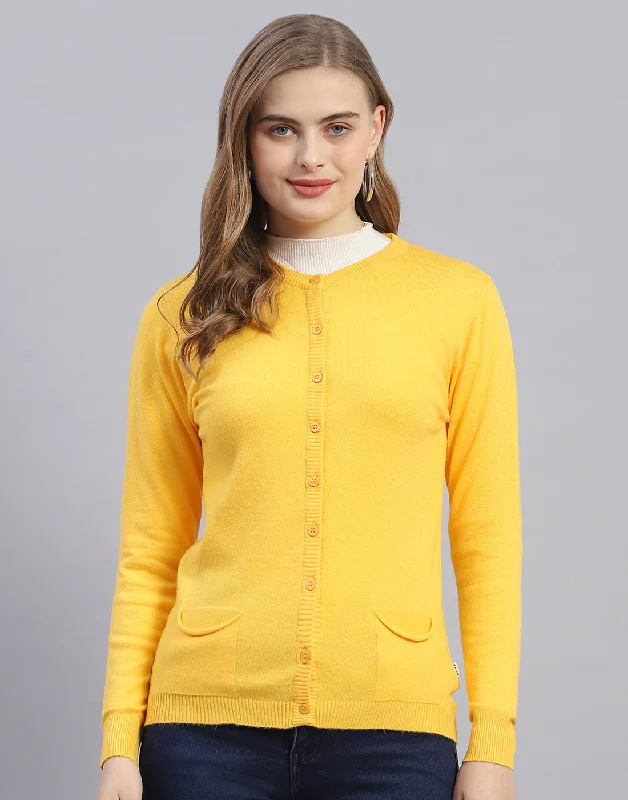 Women Yellow Solid Round Neck Full Sleeve Cardigan