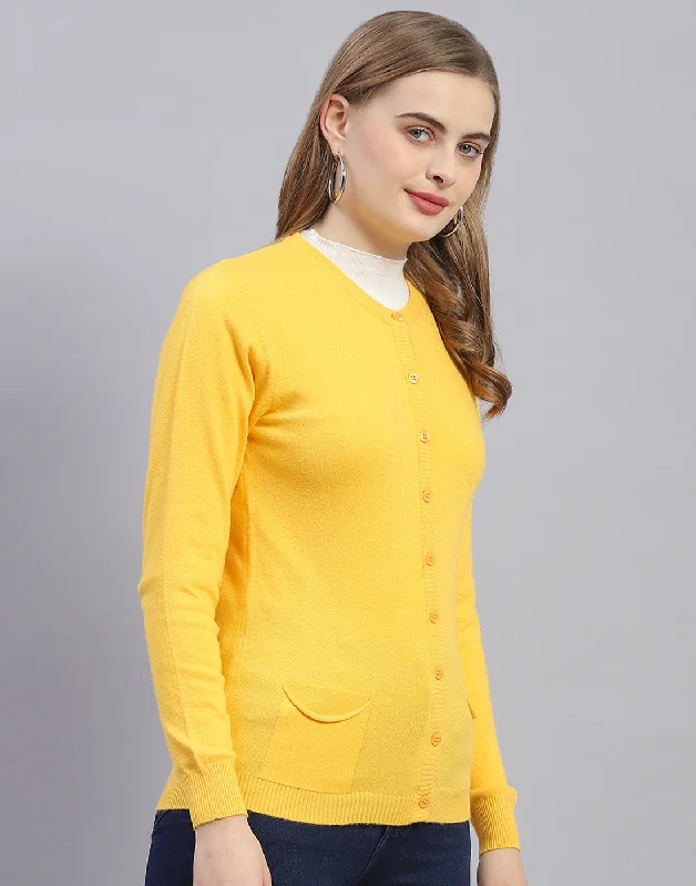 Women Yellow Solid Round Neck Full Sleeve Cardigan