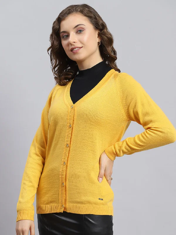 Women Yellow Solid V Neck Full Sleeve Cardigans