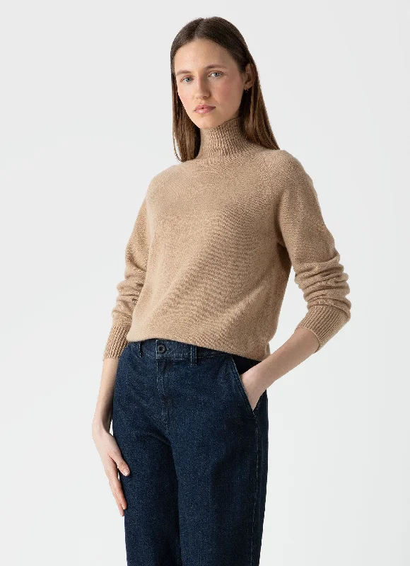 Women's Lambswool Funnel Neck Jumper in Light Camel