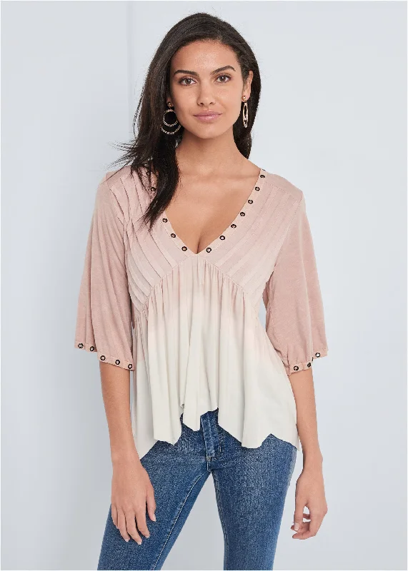 Pleated ombre grommet top - Blush Multi