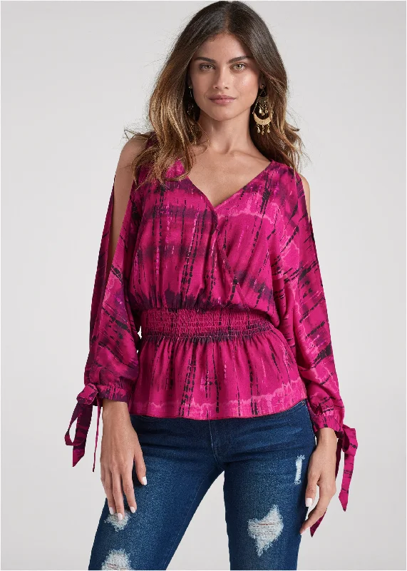 Tie dye cold-shoulder top - Pink Multi