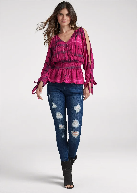 Tie dye cold-shoulder top - Pink Multi