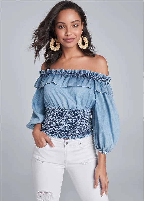 Off-shoulder chambray top - Blue Multi