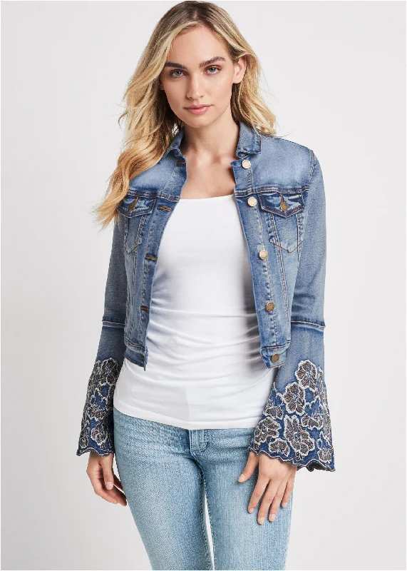 Floral embroidered jean jacket - Medium Wash