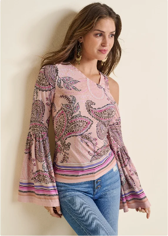 Cold-shoulder paisley top - Pink Multi