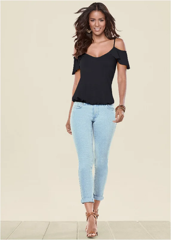 Ruffle cold-shoulder top - Black