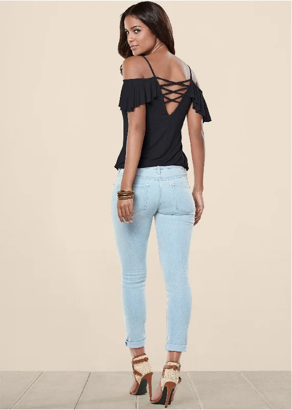 Ruffle cold-shoulder top - Black