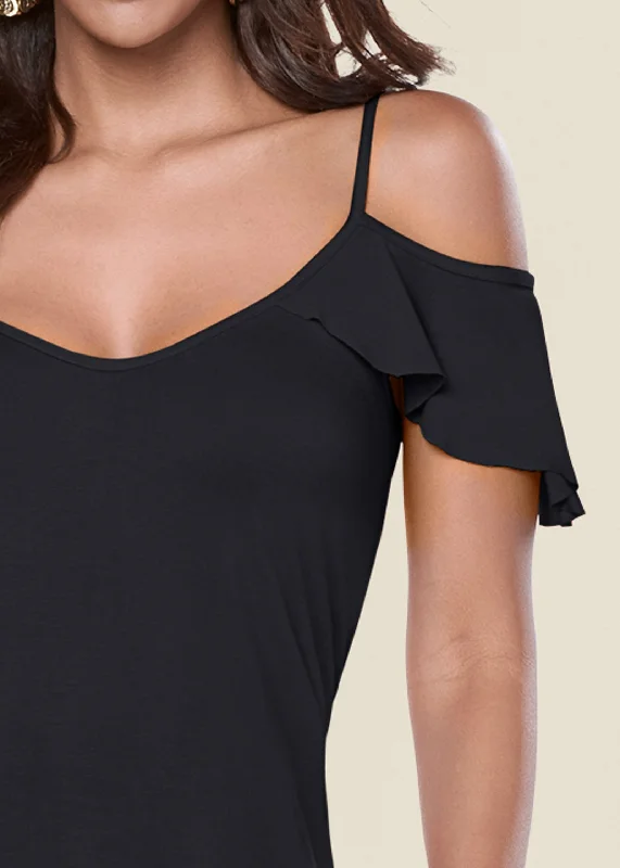 Ruffle cold-shoulder top - Black