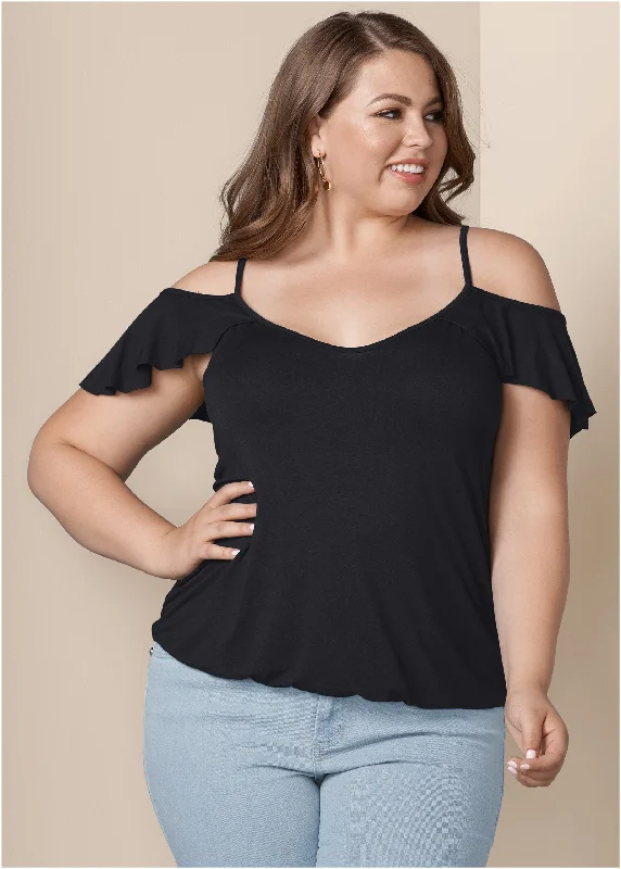 Ruffle cold-shoulder top - Black