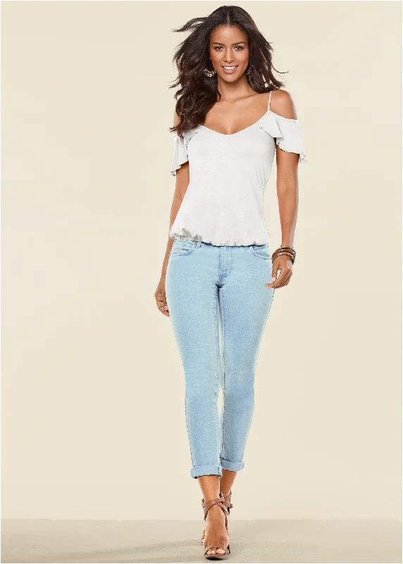 Ruffle cold-shoulder top - White