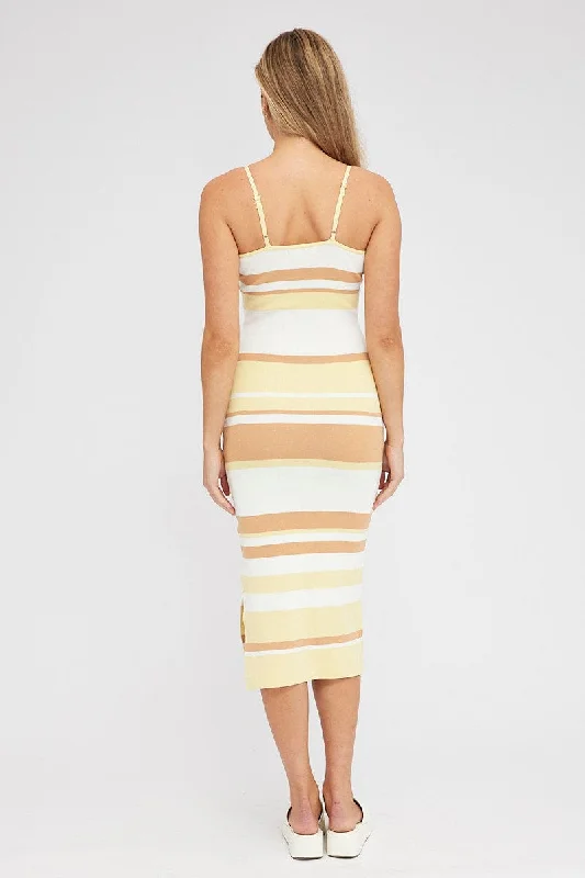 Yellow Stripe Knit Dress Midi Sleeveless