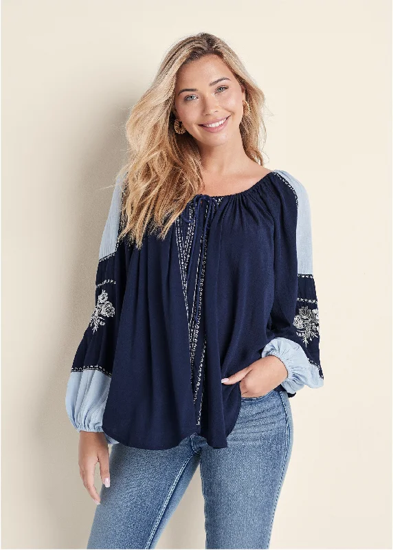 Embroidered peasant top - Navy Multi