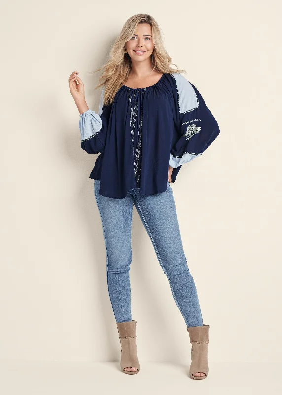 Embroidered peasant top - Navy Multi