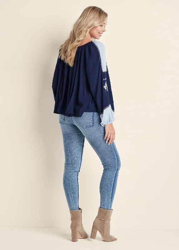 Embroidered peasant top - Navy Multi