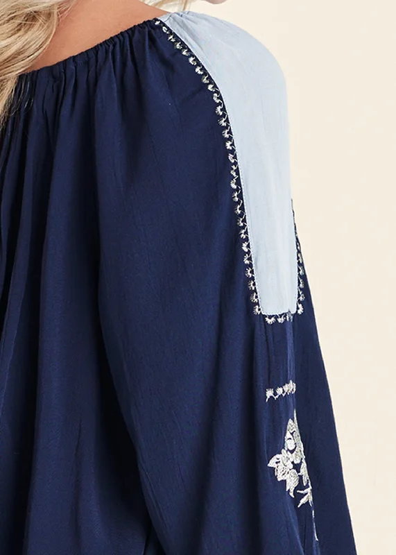 Embroidered peasant top - Navy Multi