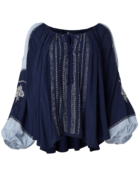 Embroidered peasant top - Navy Multi