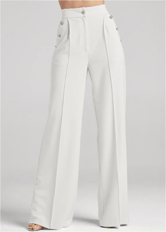 Pleated wide leg pants with button detail - Off White