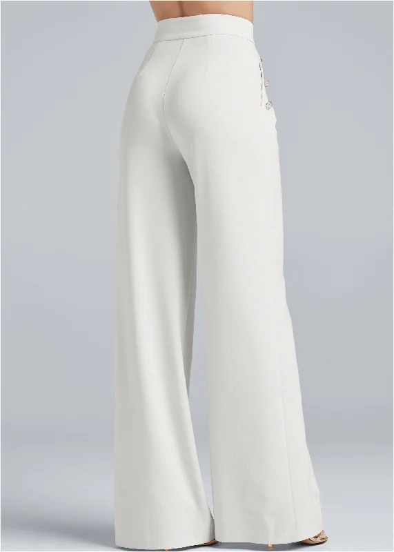 Pleated wide leg pants with button detail - Off White