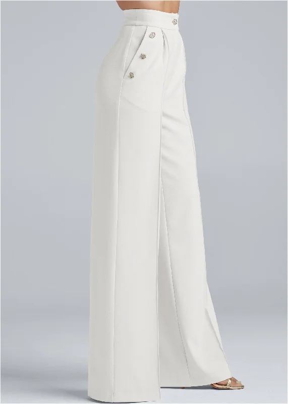 Pleated wide leg pants with button detail - Off White