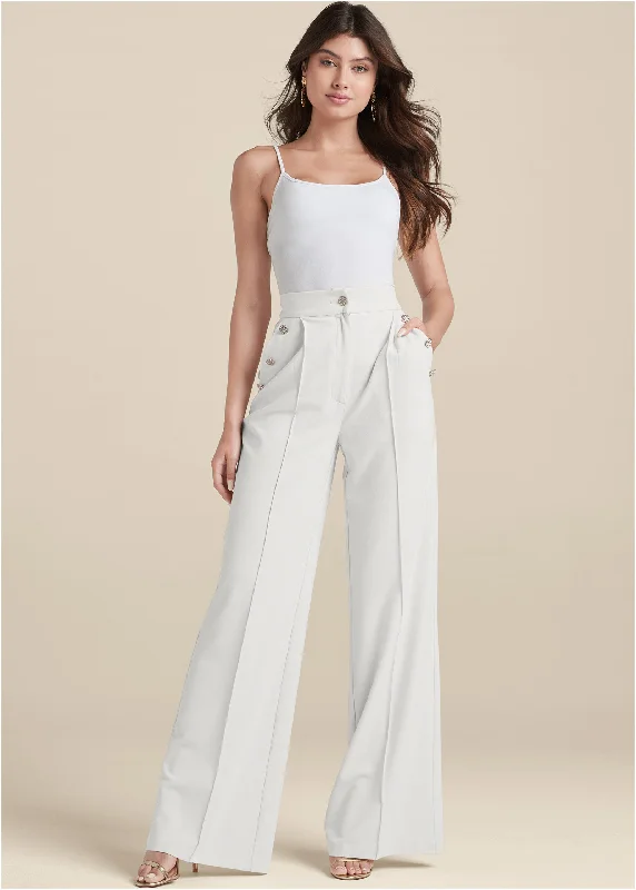 Pleated wide leg pants with button detail - Off White