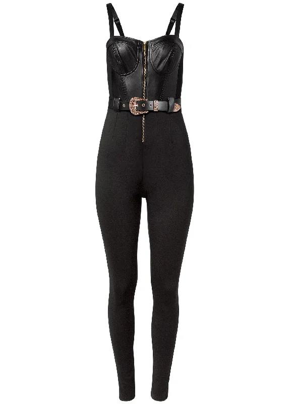 Faux leather belted jumpsuit  - Black