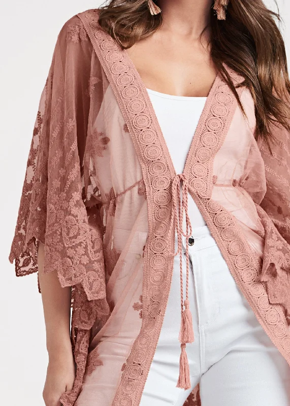 Mesh and lace kimono - Rose