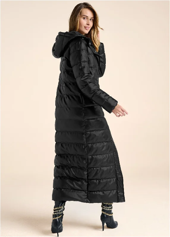 Faux leather puffer trench - Black