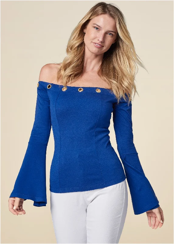 Off-the-shoulder grommet top - Blue