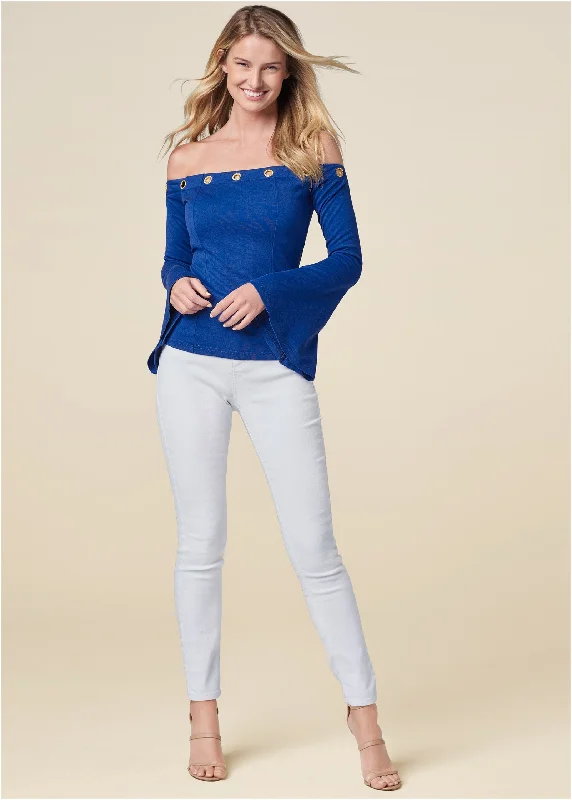 Off-the-shoulder grommet top - Blue