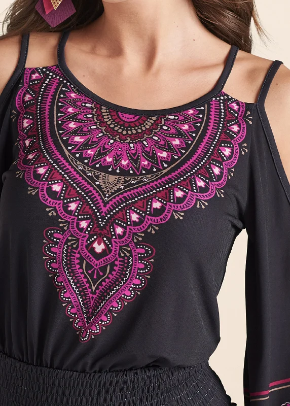 Moroccan Paisley top - Black & Fuchsia