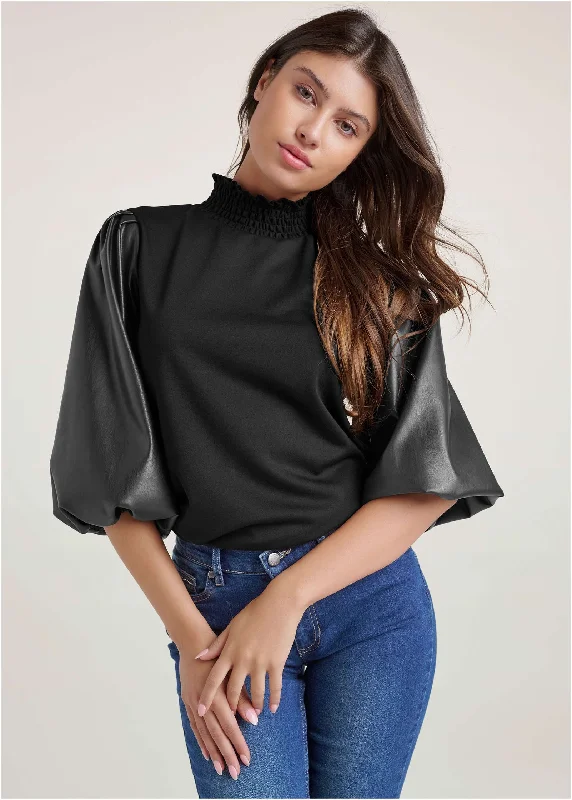 Faux-leather mock-neck top - Black