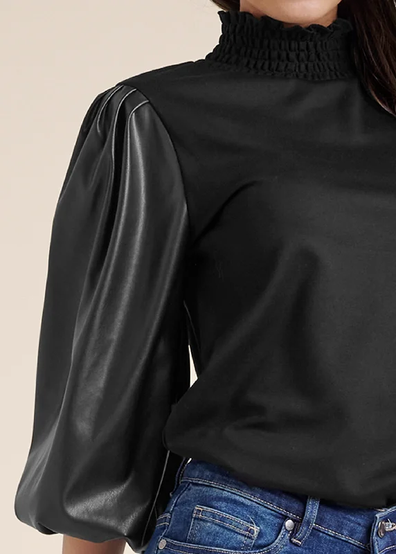 Faux-leather mock-neck top - Black