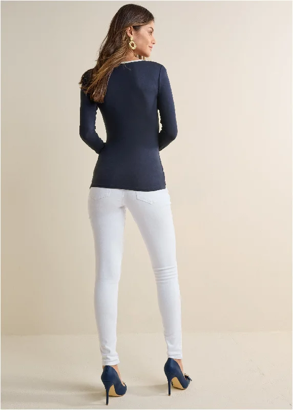 Ruched long sleeve top - Navy & White