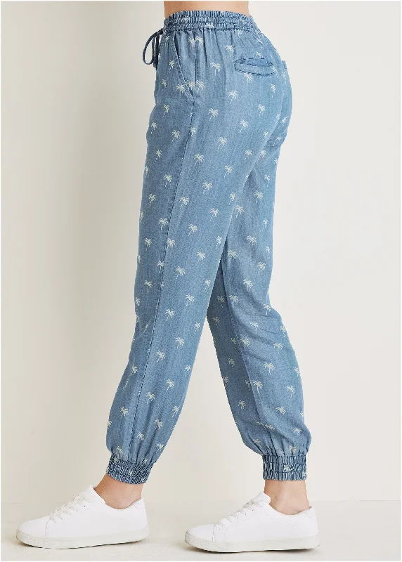 Printed chambray joggers - Light Wash