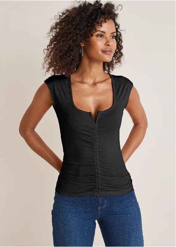 Ruched cap sleeve top - Black