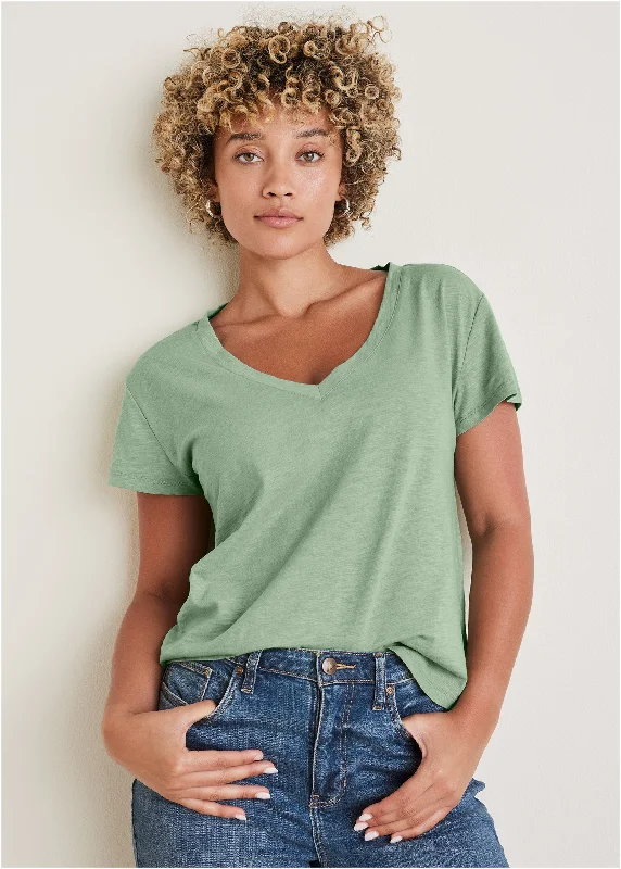 Cotton slub V-Neck tee - Basil