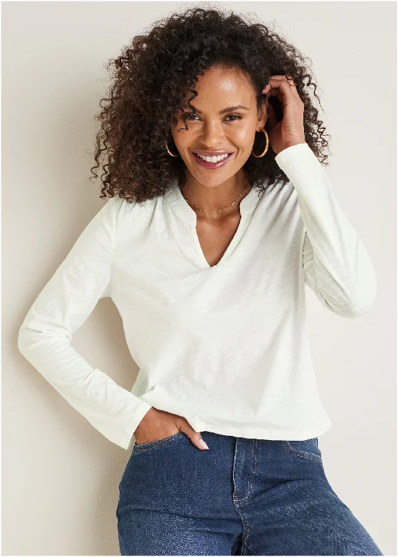 V-Neck shirred long sleeve top - Off White