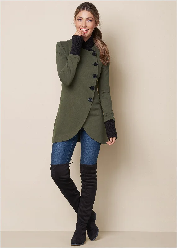 Knit button-front coat - Olive