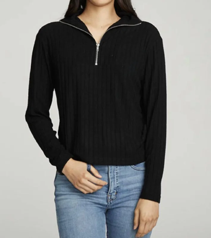 Zip Up Mock Neck Long Sleeve Pullover In True Black