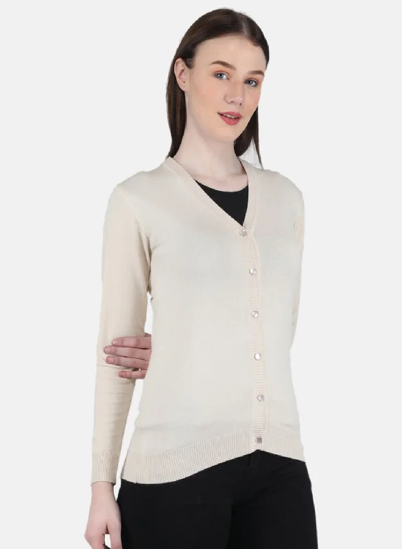 Women Beige Self Design Cardigan