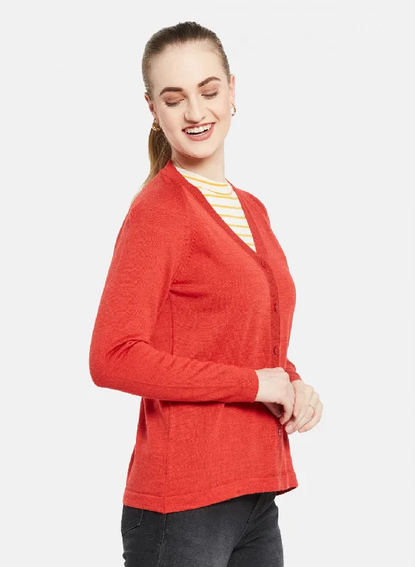 Women Red Solid Cardigan