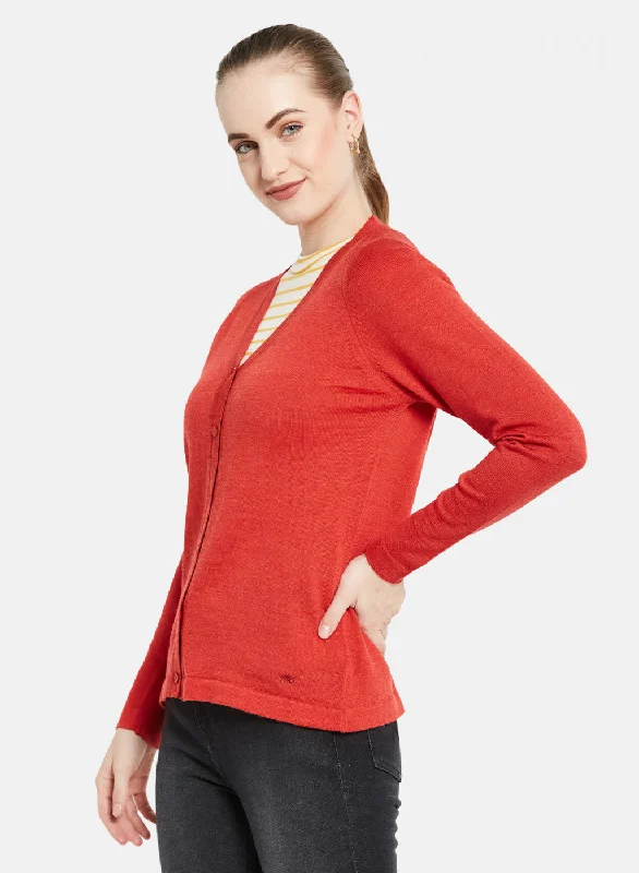 Women Red Solid Cardigan