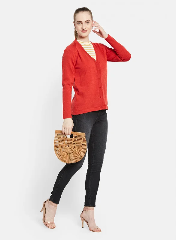 Women Red Solid Cardigan