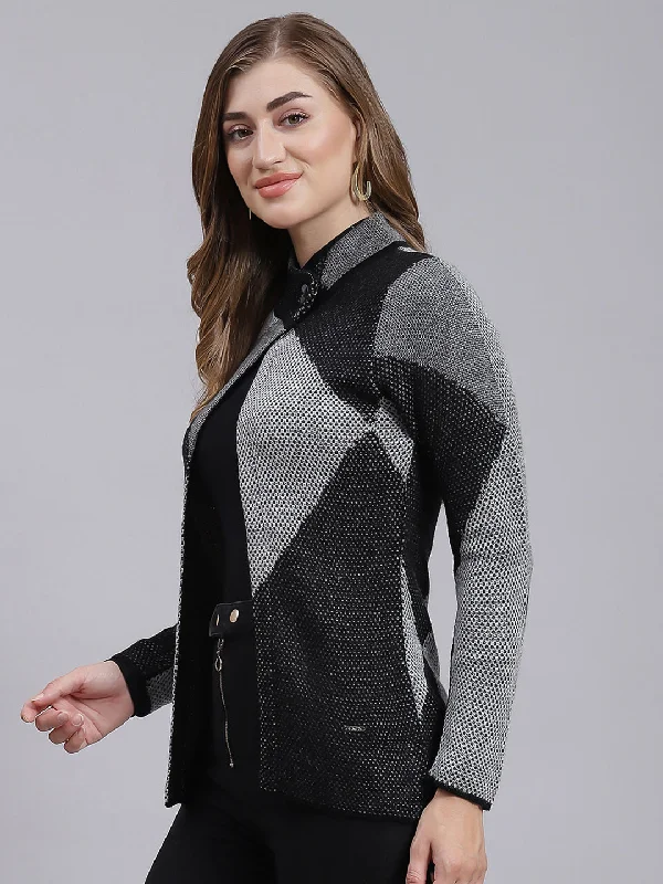 Women Black Jaquard Wool blend Cardigan