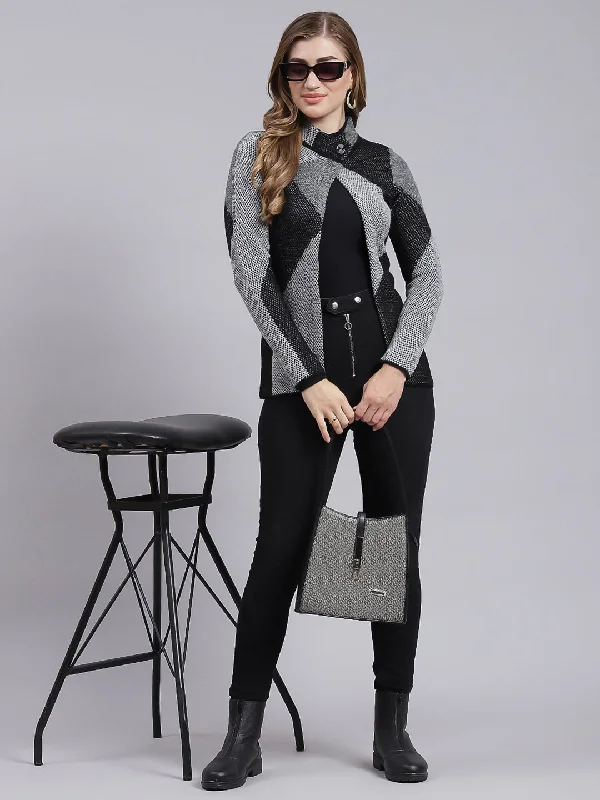 Women Black Jaquard Wool blend Cardigan