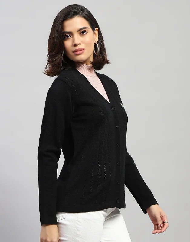 Women Black Self Design V Neck Full Sleeve Cardigan