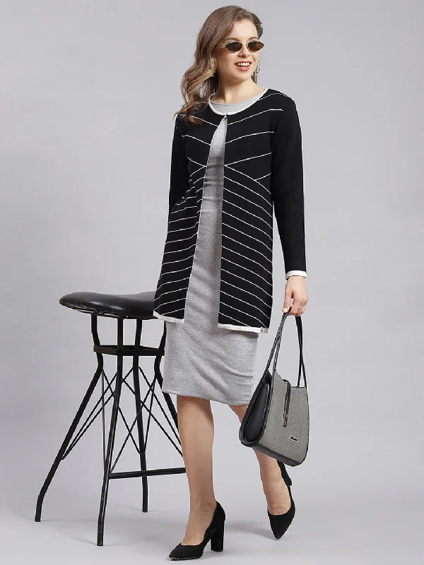 Women Black Stripe Wool blend Cardigan